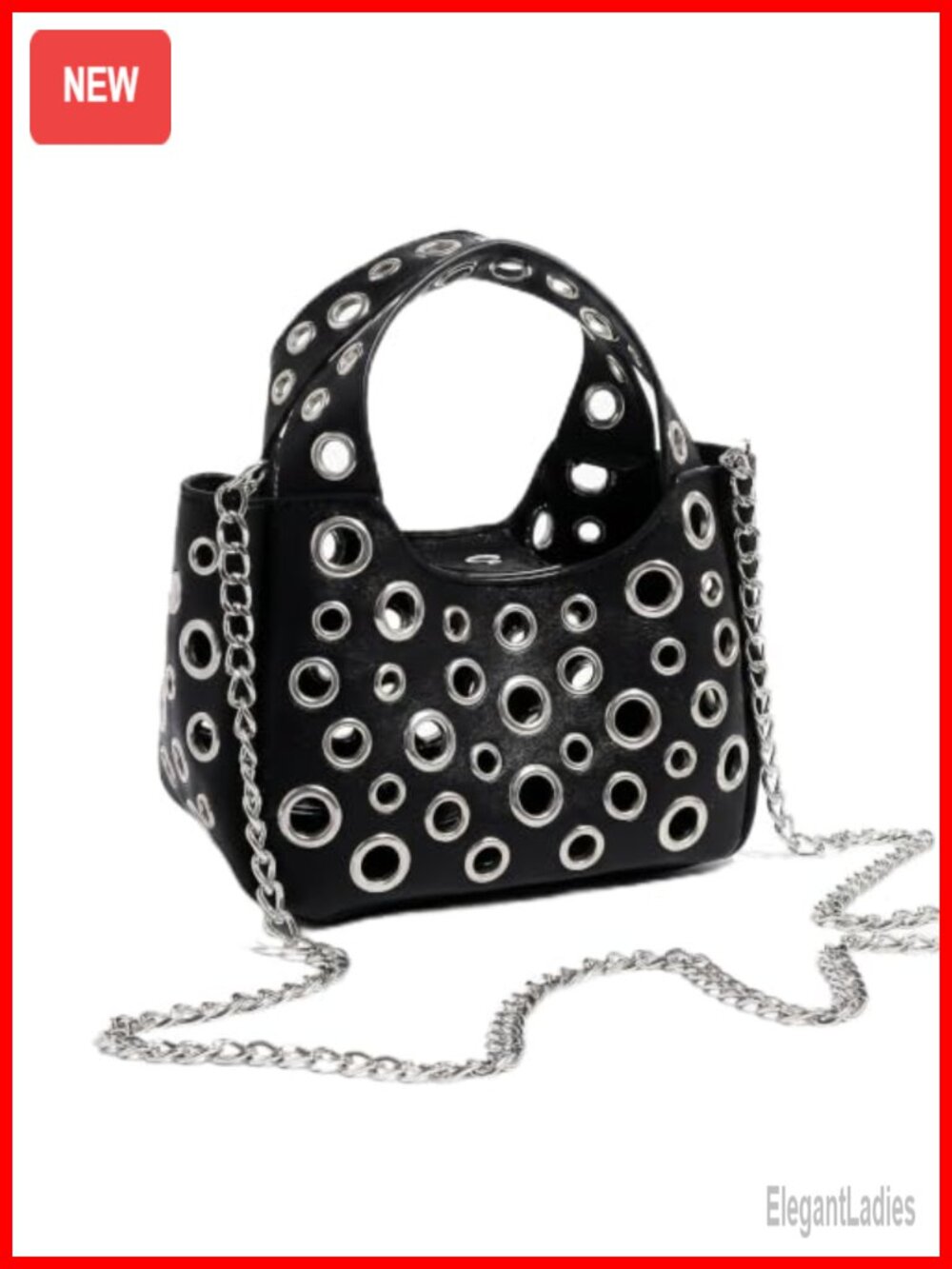 Punk Cutout Crossbody Bag PU Leather Hollow Metal Ring Shoulder Purse